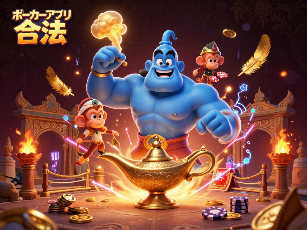 ポーカーアプリ 合法をテーマにした華やかなカジノのビジュアルで、ポーカーのチップを運ぶ魔法の絨毯と青いジェニーが印象的です。