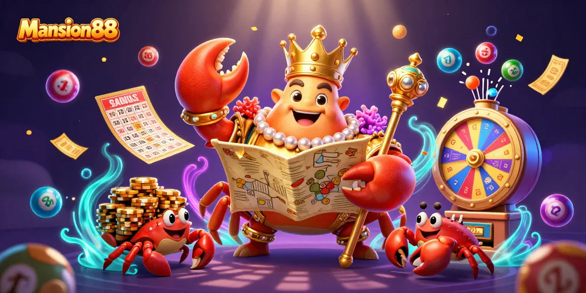 Mansion88 brings new excitement with a golden crab emperor amidst colorful lottery balls and cash.