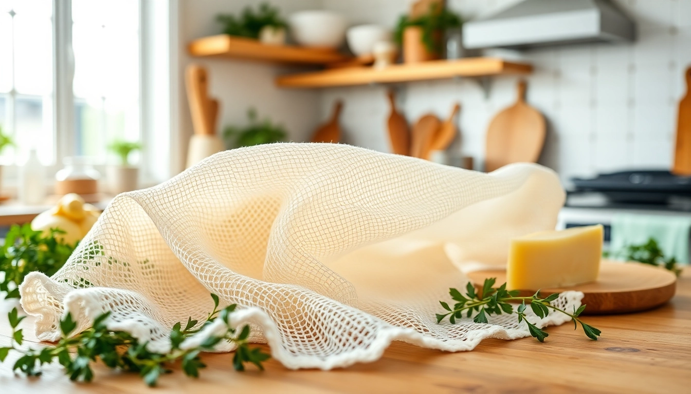 Neteldoek per meter met vers gemaakte kaas en kruiden op een houten aanrecht.