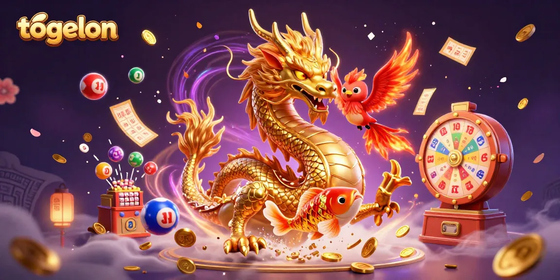 Experience thrilling togelon action with a dragon and phoenix amidst dynamic lottery elements.