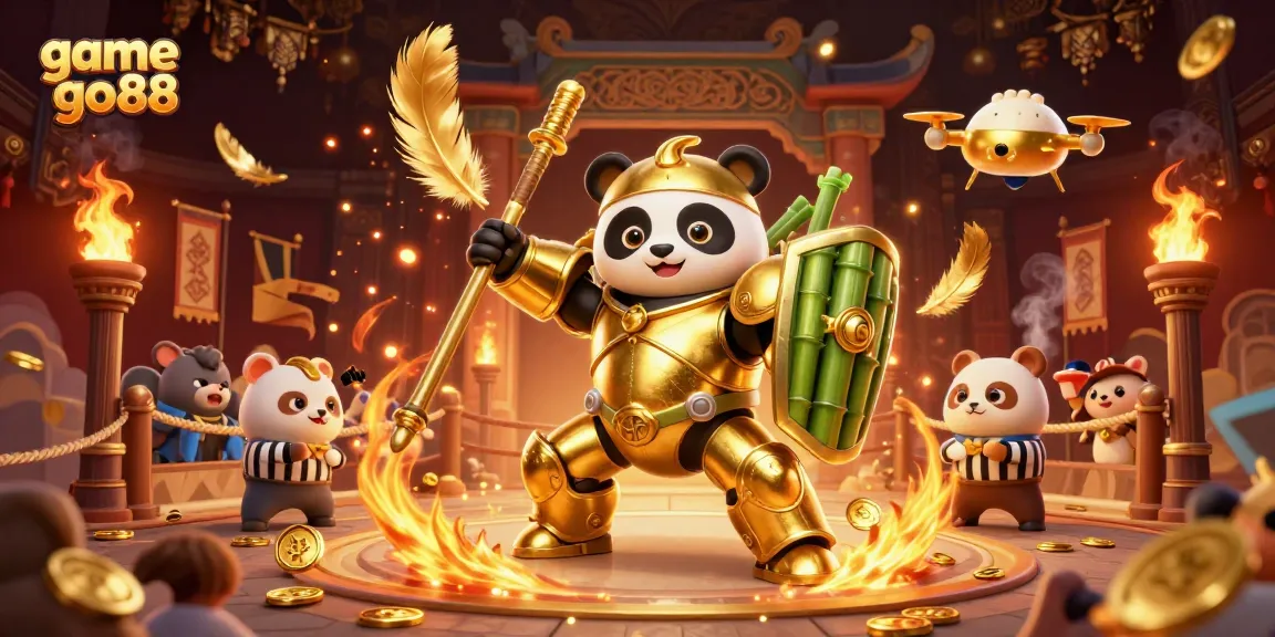 Engage in thrilling game go88 action with a mech-suit panda battling in a vibrant, energetic arena.