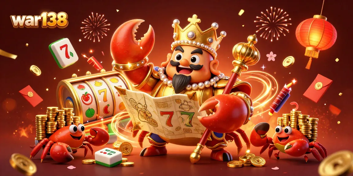 Experience excitement and win big with war138's vibrant slots and golden crab emperor illustration.