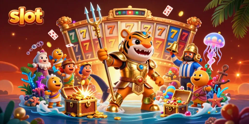 Mainkan slot dengan tema kasino hiu harimau dan elemen menarik di latar belakang bawah laut.