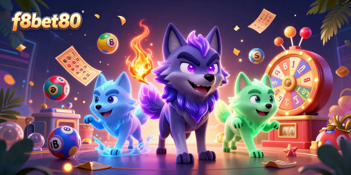 Experience the excitement of f8bet80 with vibrant lottery balls and energetic wolves in this dynamic casino scene.