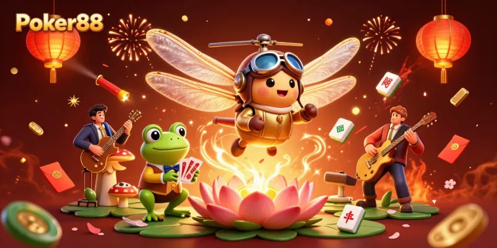 Experience thrilling games at Poker88 with a lively dragonfly pilot, frog croupier, and vibrant casino elements.