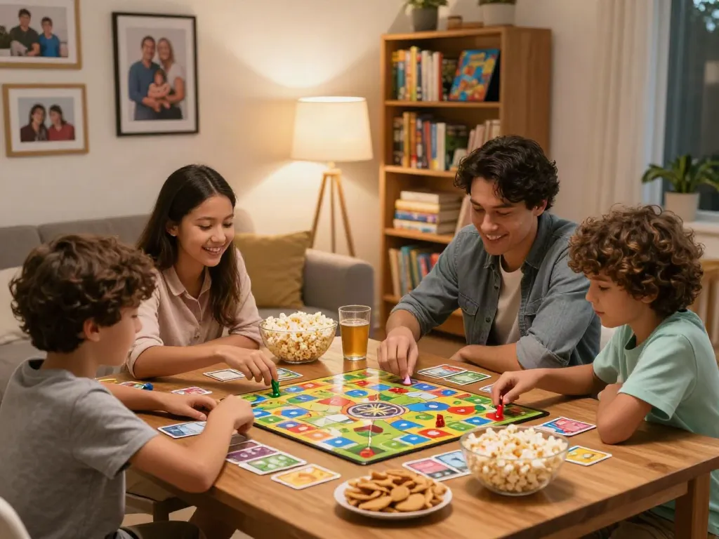 Family enjoying board games together during game night, showcasing lively atmosphere.