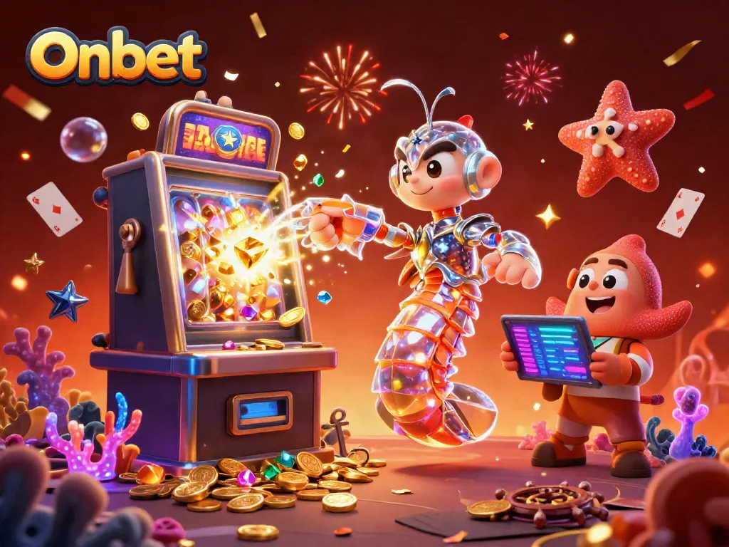 Experience the excitement at Onbet with a dynamic scene of a galactic mantis shrimp exploding a slot machine.