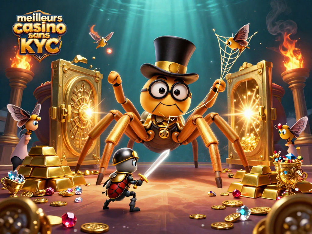 Profitez des meilleurs casinos sans KYC avec cette scène animée de personnages et trésors captivants.