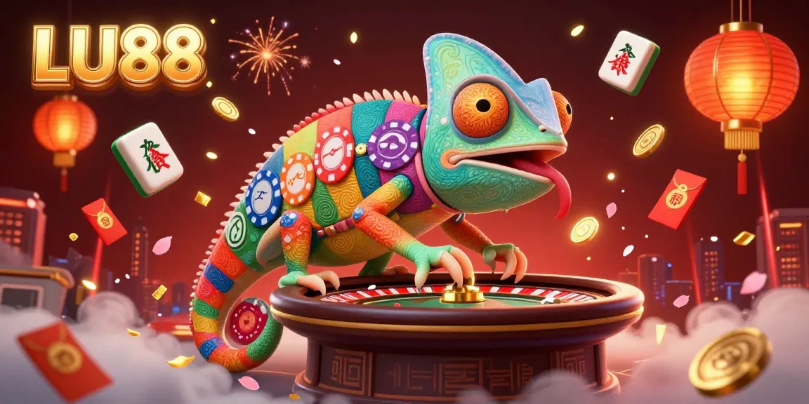 LU88 enchants players with a vivid illustration of a chameleon-themed casino experience, showcasing exciting gaming elements.