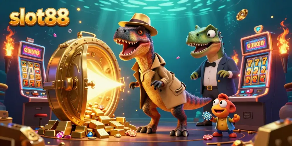 Experience the action at slot88 with a velociraptor at the slot machine, amidst golden treasures and a bustling casino.