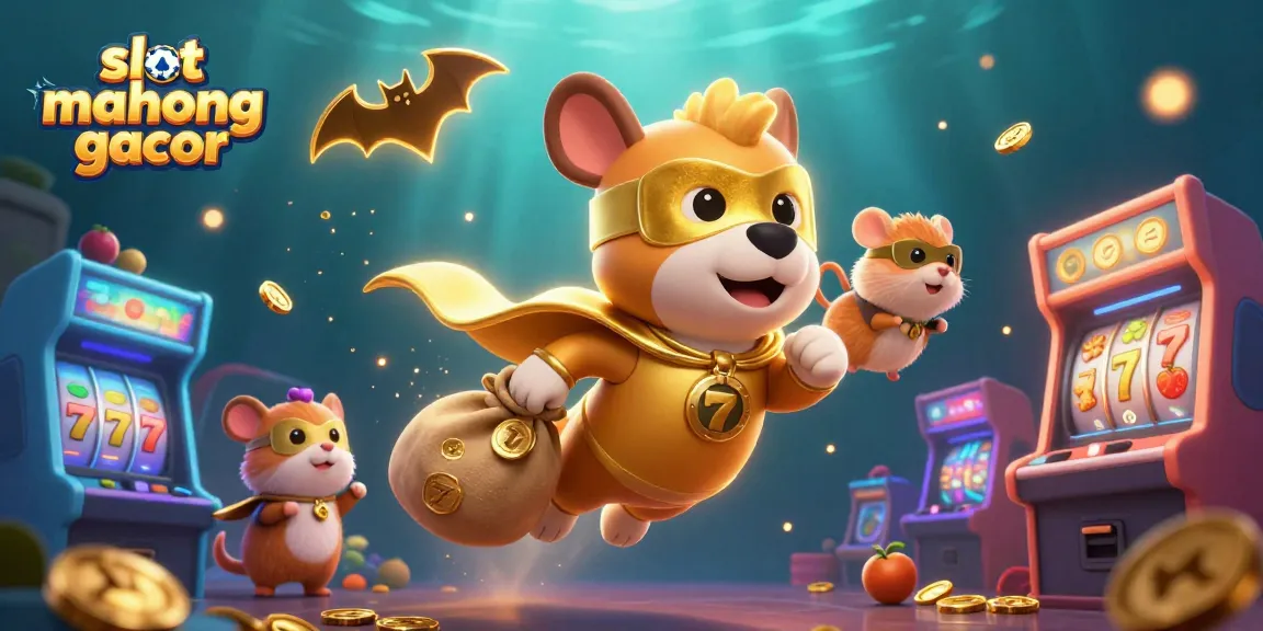 Experience the excitement of slot mahjong gacor with a superhero dog and vibrant casino elements in this dynamic illustration.