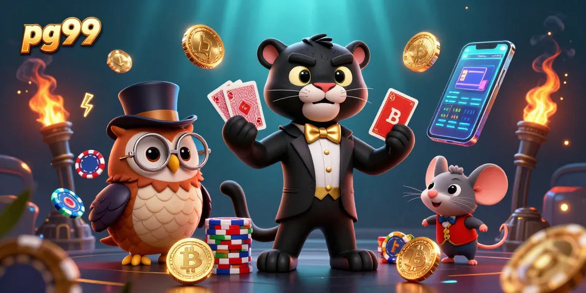 pg99 showcases an epic casino scene with vibrant characters and crypto elements creating winning strategies.