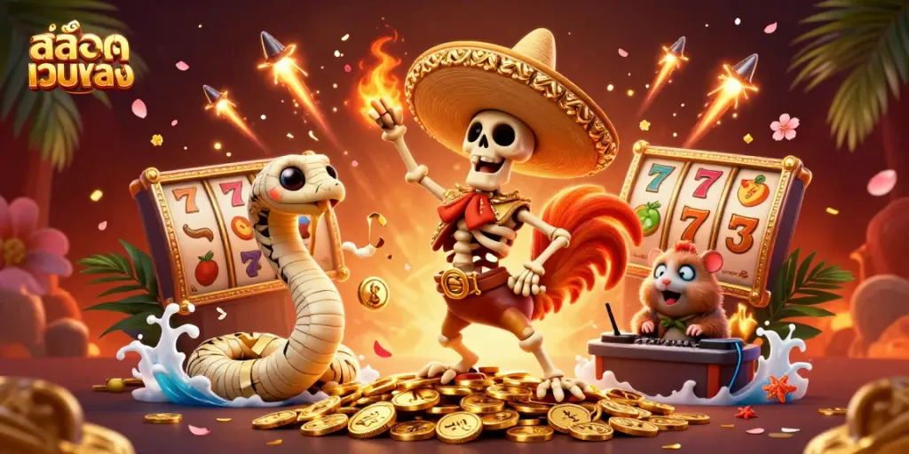 Experience excitement with สล็อตเว็บตรง as a skeleton mariachi rooster celebrates on golden coins.