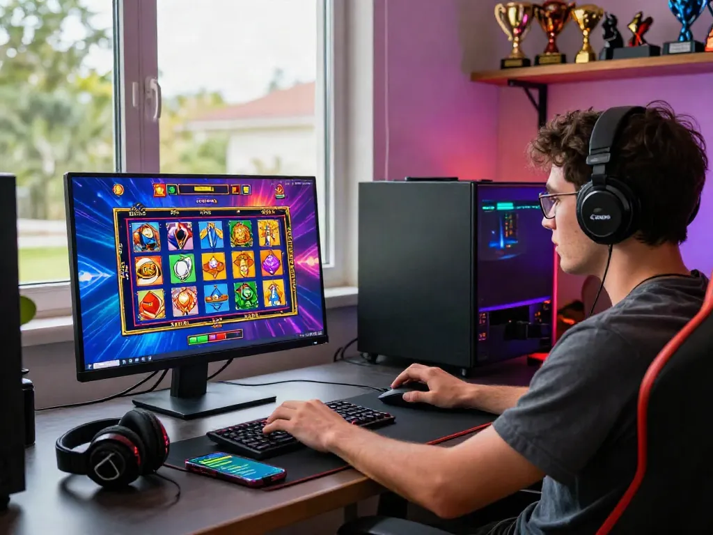 Engaged player enjoying slot online games in a modern gaming setup, vibrant atmosphere.