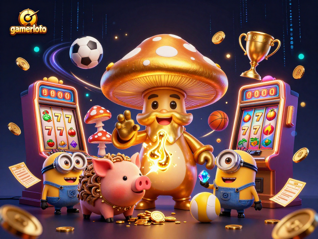 Experience gamerloto's magical casino world with golden elements, slot machines, and vibrant characters.