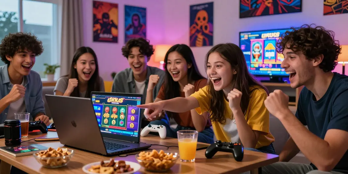 Excited friends enjoy a situs slot online game in a vibrant living room atmosphere.