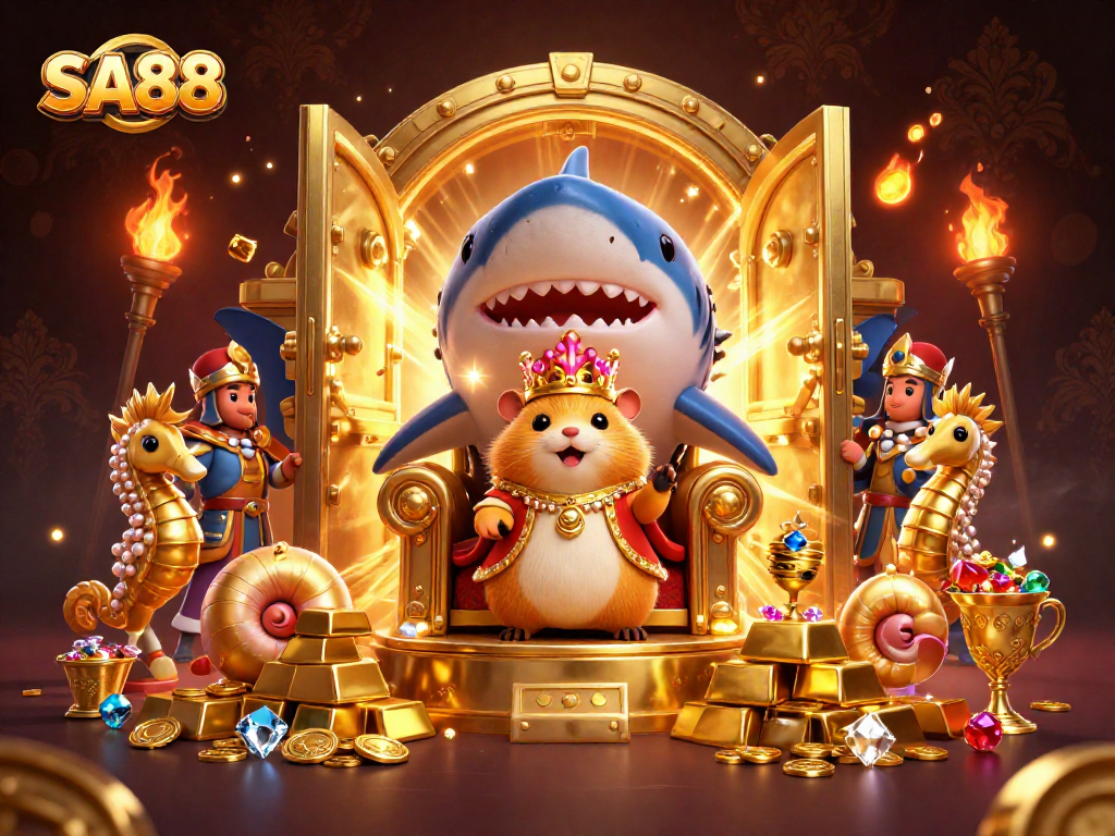 SA88 elevates excitement as the golden hamster king reigns over treasures in a vibrant casino scene.