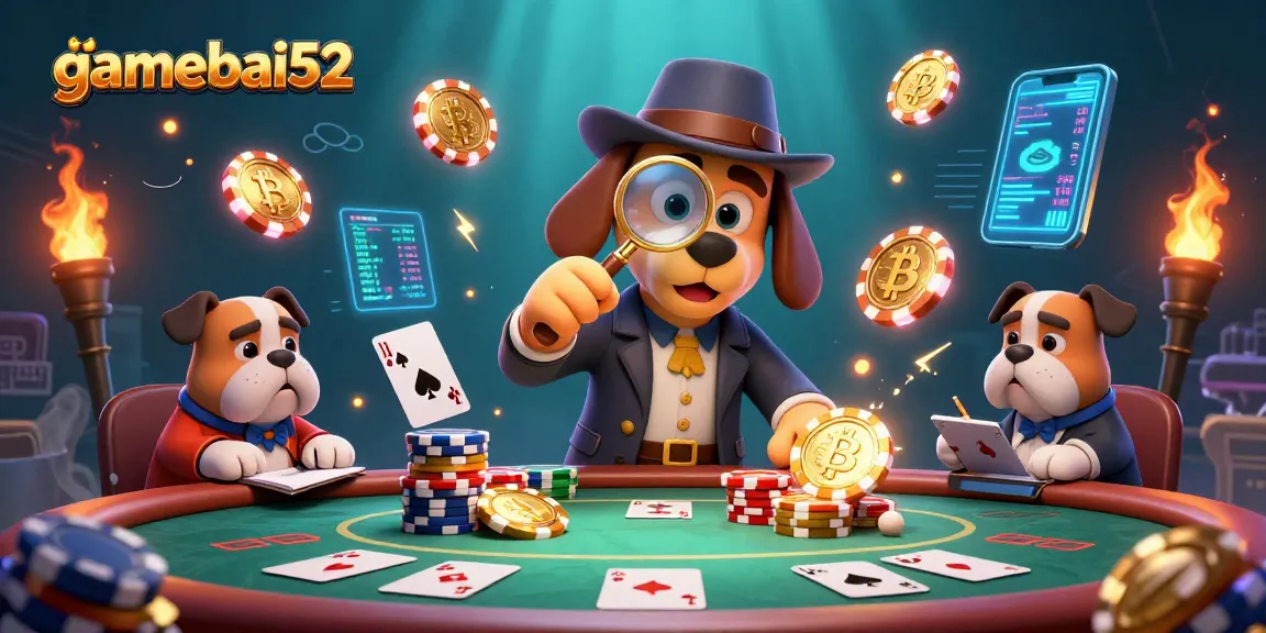 Engage with gamebai52 as the detective and bulldog reveal hidden treasures in a vibrant casino scene.