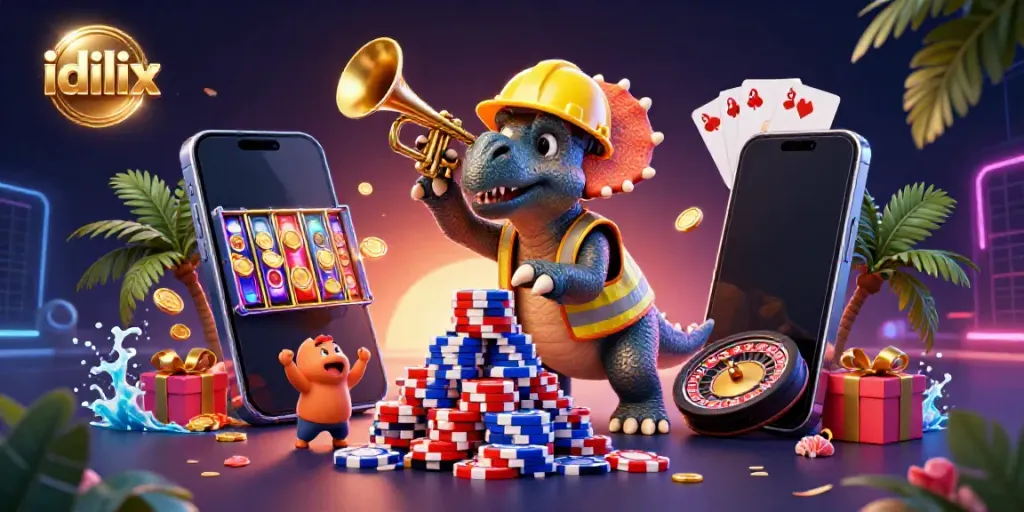 Experience the excitement of idlix with a vibrant scene of winning casino characters building poker chip towers.