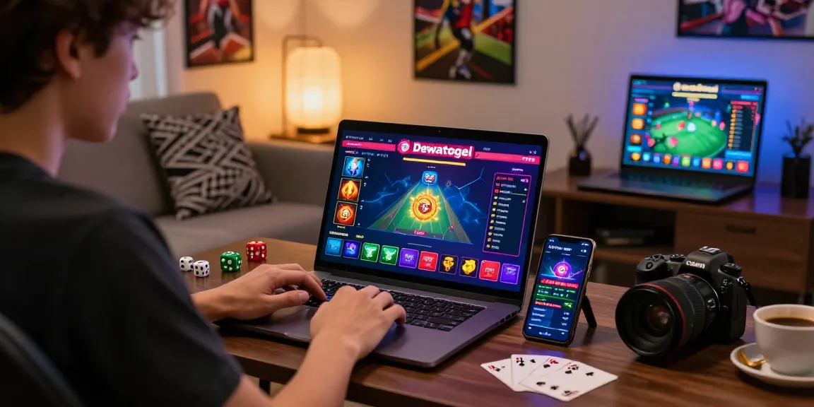 Dewatogel gaming session with user on laptop and smartphone in modern living room.