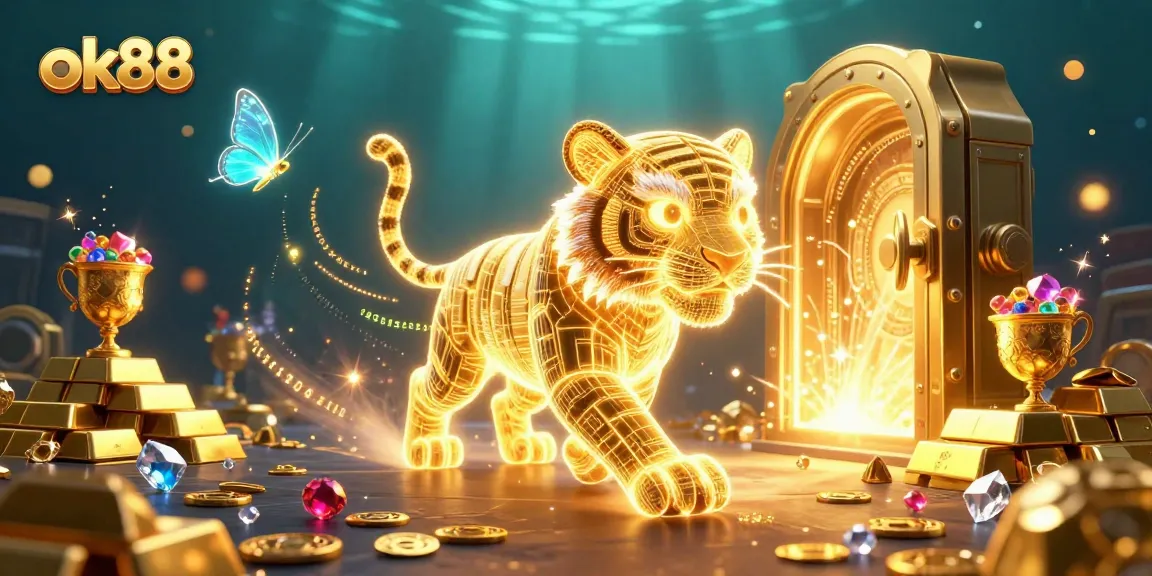 Engage with the thrilling world of ok88 in this vibrant digital casino illustration, featuring a neon tiger among treasures.