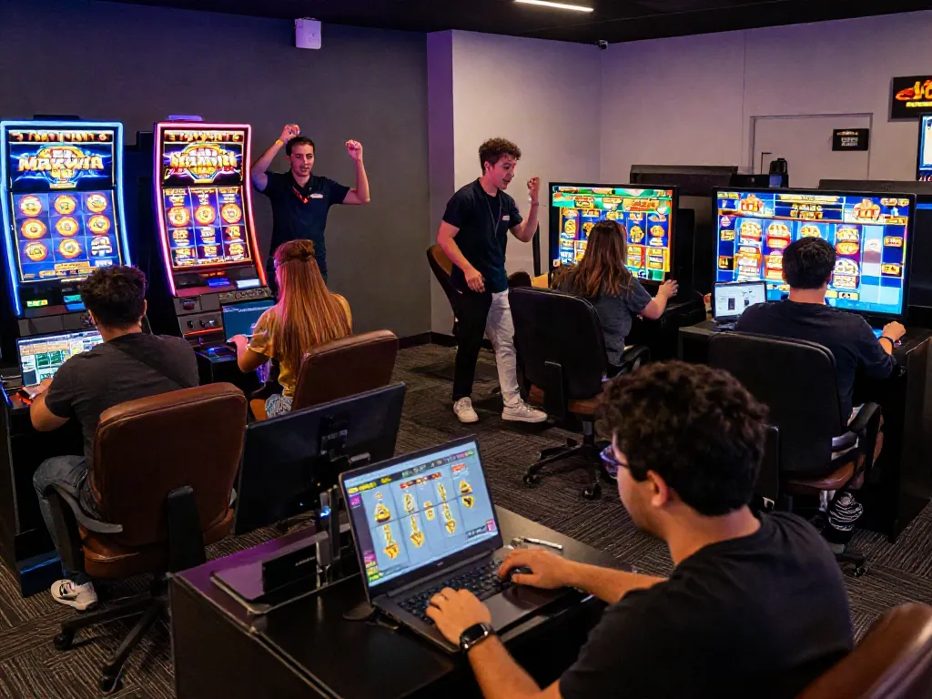 Players enjoying slot maxwin and other games in vibrant online gaming lounge.