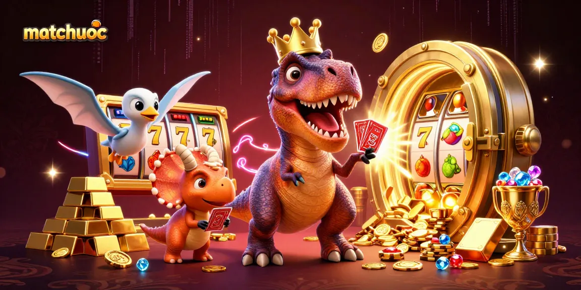 Experience thrilling wins at matchuoc with a T-Rex, pterodactyl, and triceratops in a vibrant casino scene.