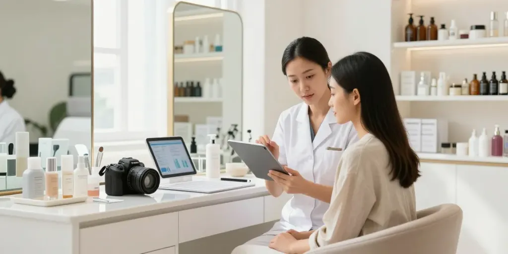 Alternatives to QOVES showcased in a beauty consultation setting with aesthetician and client.