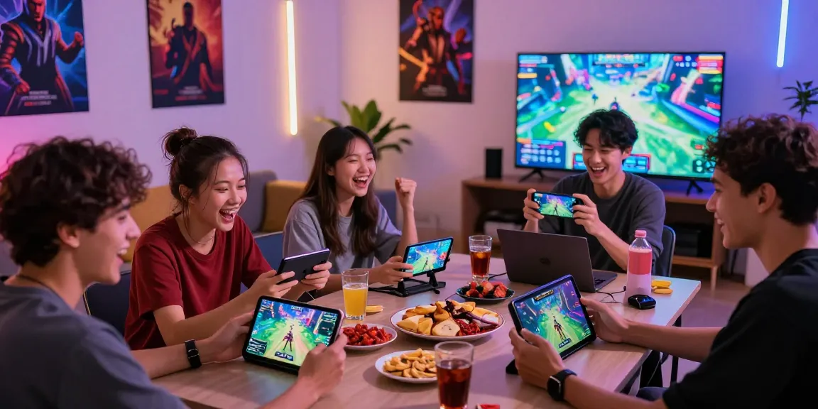 Friends enjoying competitive gameplay on mantra88 platform in a vibrant gaming room.
