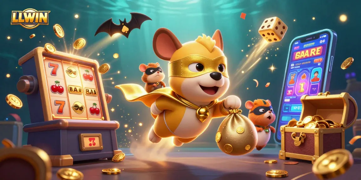 LLWIN casino adventure with a superhero dog, massive jackpot, and vibrant animated elements.