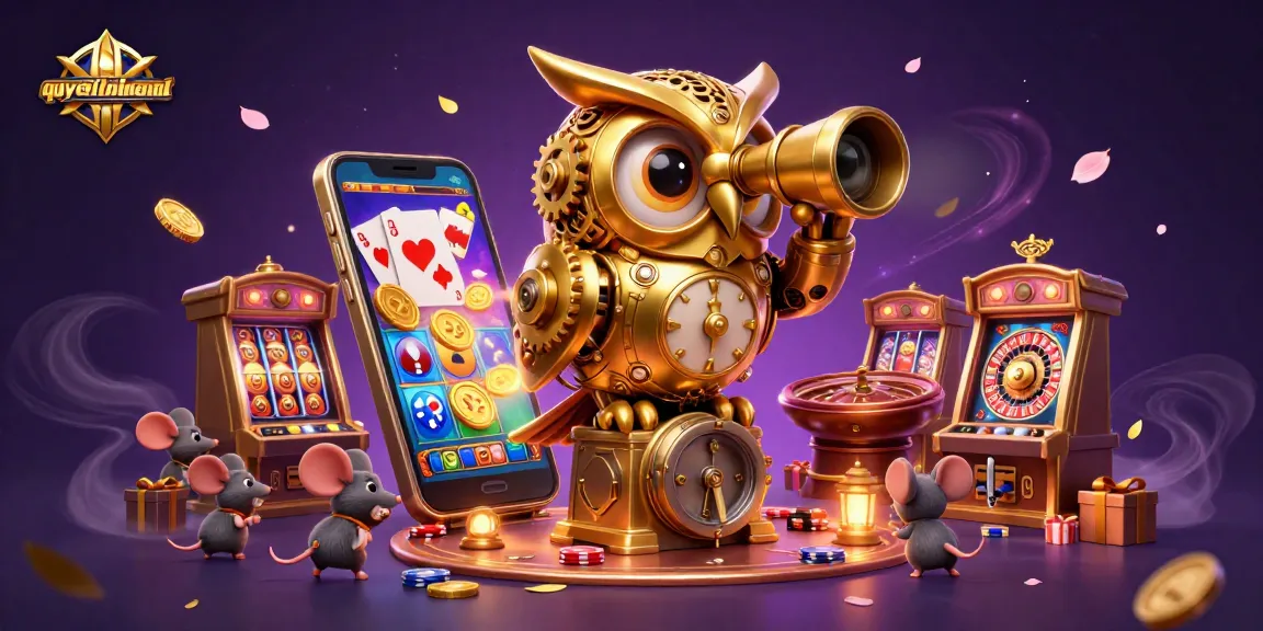 Spin and win big in the vibrant scene of quyetchientienthuong featuring a golden owl and dynamic slot elements.