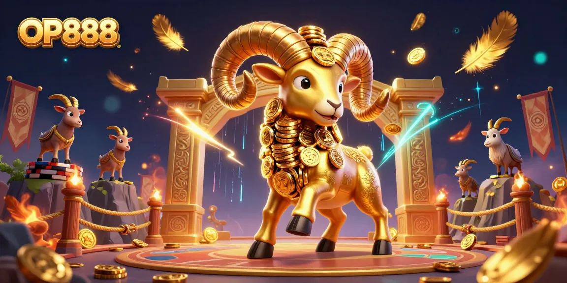 Experience OP888's thrilling atmosphere with a golden ram charging through a dynamic gaming arena filled with vibrant casino elements.