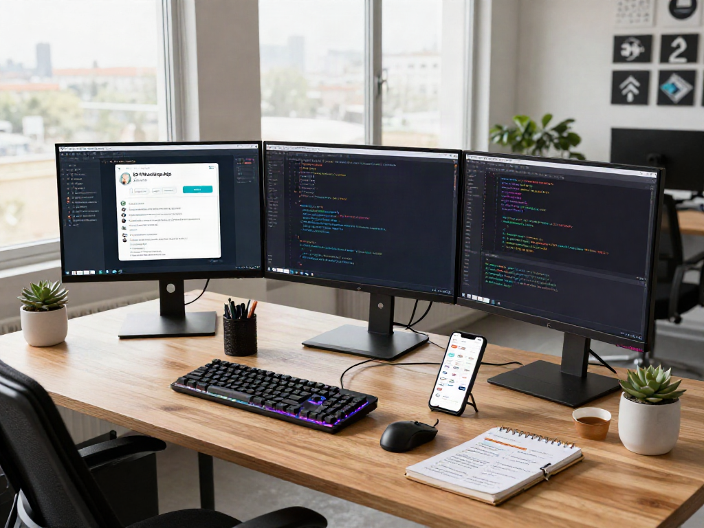 Developer in workspace showcasing gb whatsapp apk interface, coding tools, and tech environment.