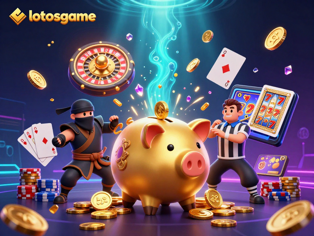 Experience high-stakes action with lotosgame as the golden piggy bank sumo wrestler stomps amidst flying coins and cards.