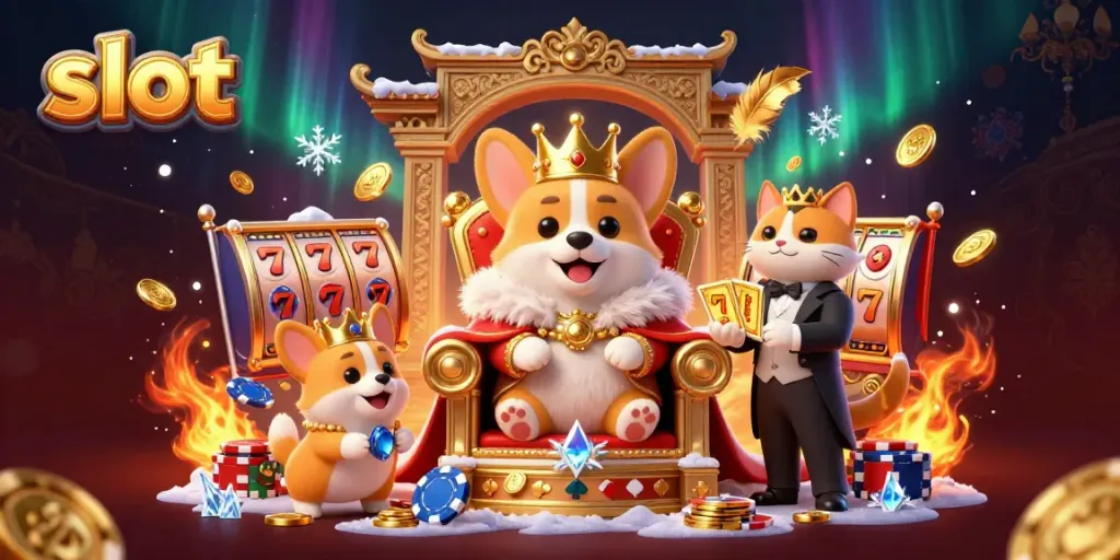 Slot mesin permainan dengan corgi raja dan pelayan kucing menyajikan dek kartu emas.