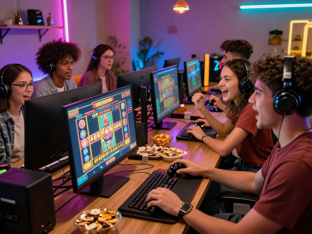 Exciting crypto casino gaming scene with friends celebrating a big win while using digital devices.