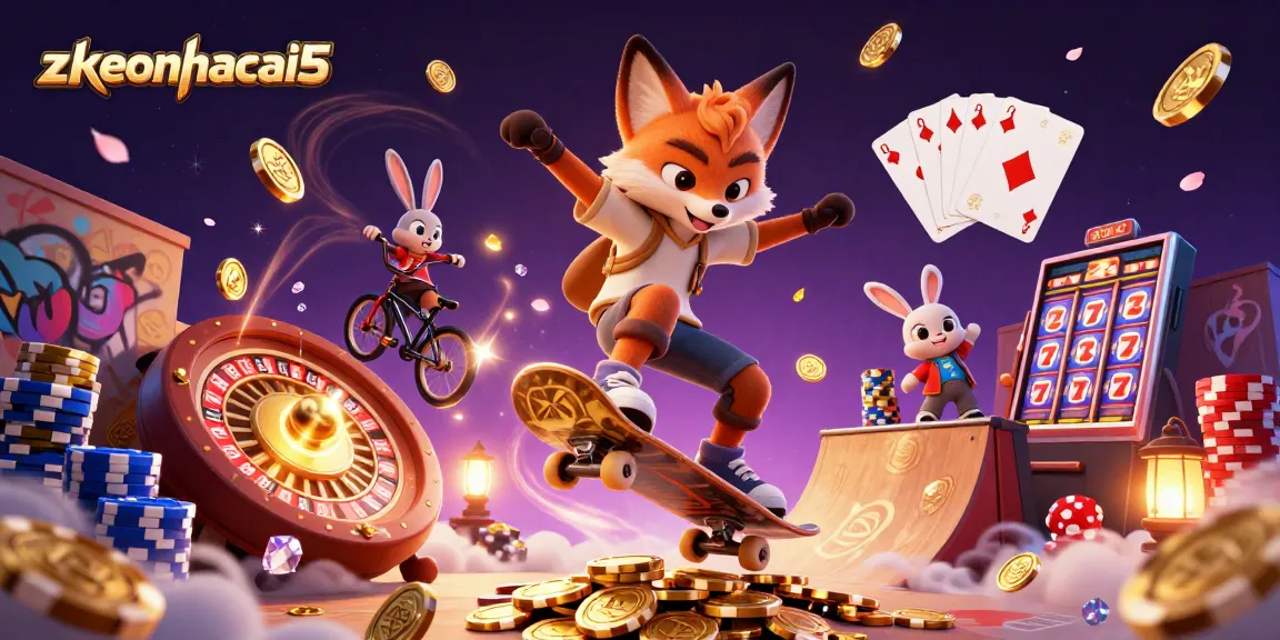 Experience thrills at zkeonhacai5 with a vibrant 3D illustration of a skateboarder fox and BMX rabbit amidst casino elements.
