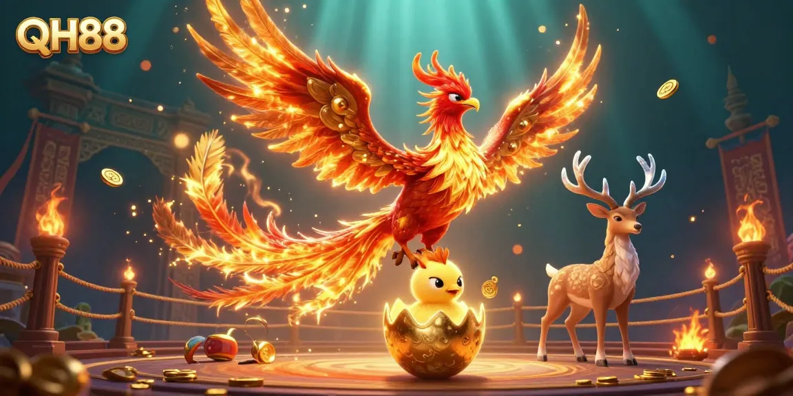 Experience thrilling gameplay at QH88 with a dynamic scene featuring legendary creatures and rich casino elements.
