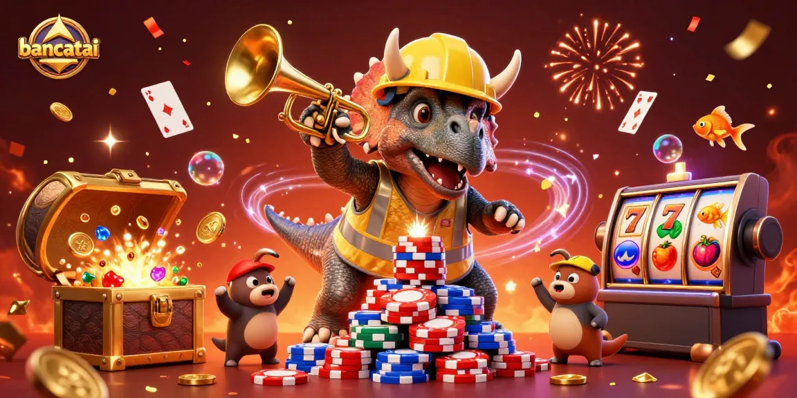 bancatai celebrates gaming fun with a triceratops building poker chips, while confetti and slot elements abound.
