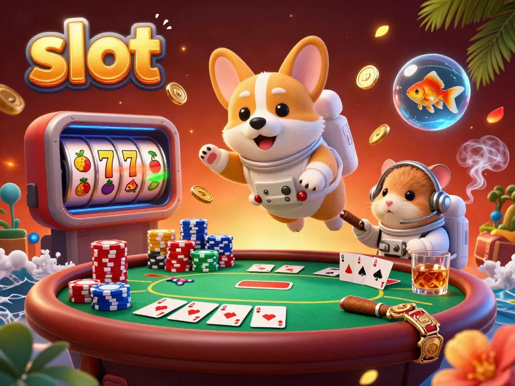 Slot yang menyenangkan di kasino luar angkasa dengan karakter lucu, dikelilingi chip poker dan koin emas.