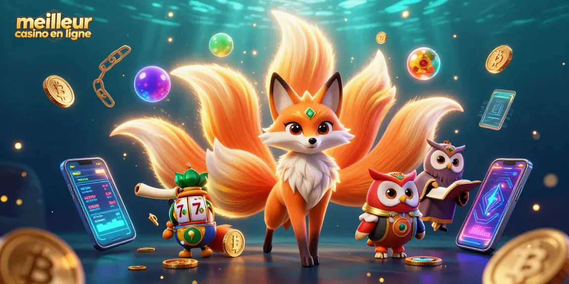 Jouez au meilleur casino en ligne avec une illustration 3D vibrant de l'esprit renard et de symboles de jeu.