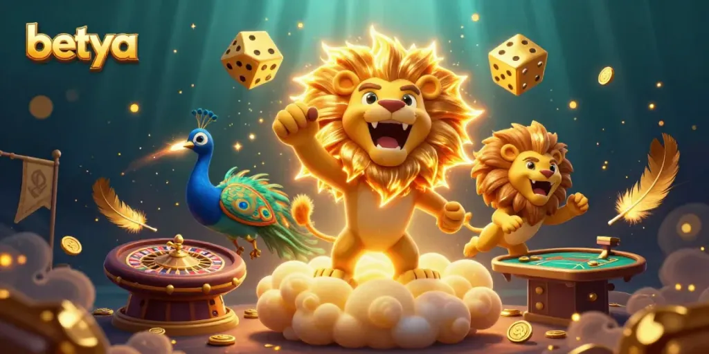 Betya showcases an exhilarating roulette scene with a lion, dice, and dynamic casino elements.