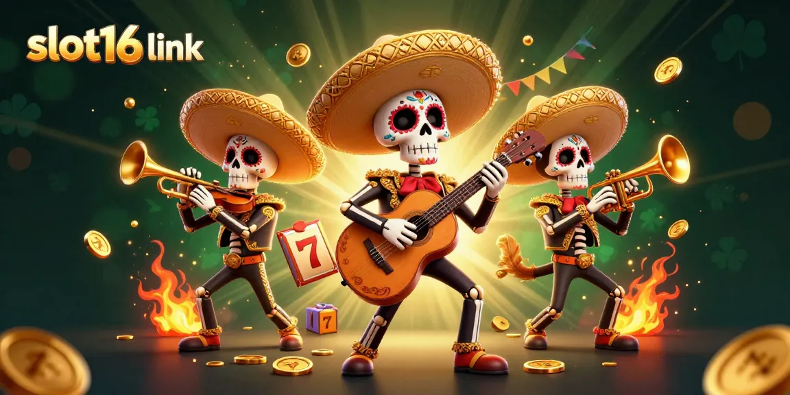 Engage with the slot16 link in this vibrant, dynamic casino illustration featuring mariachi characters.