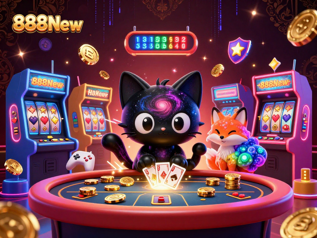 Experience the magic of gambling with 888New, featuring a cosmic scene of a black hole cat at a casino table.