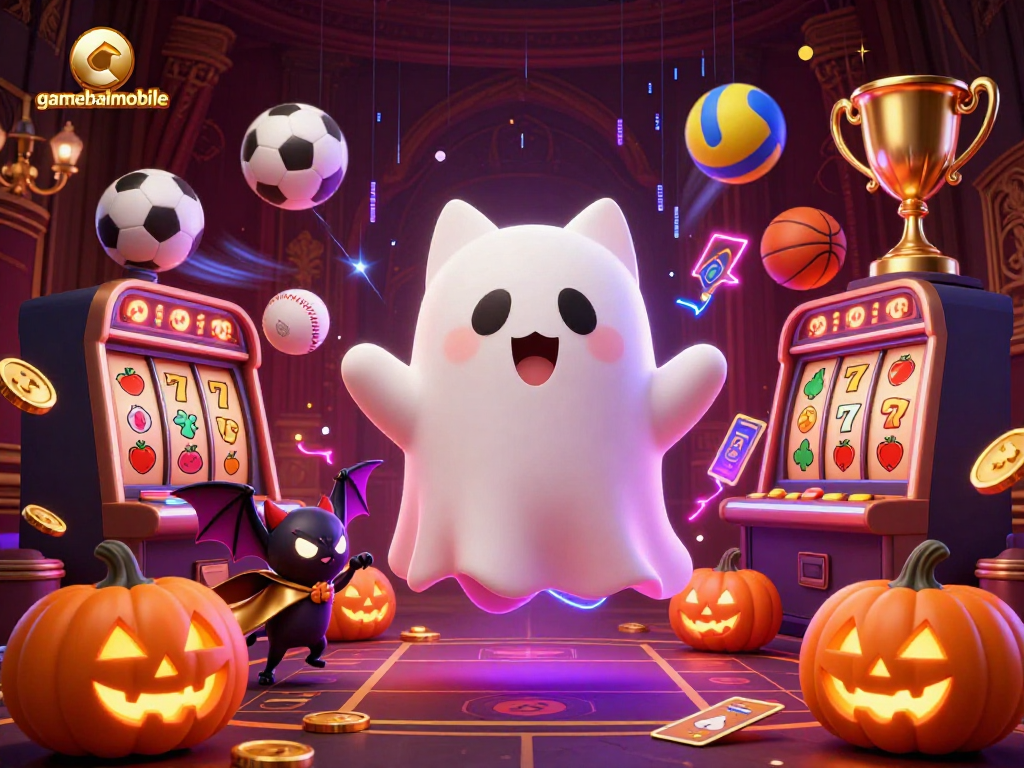 Experience thrilling action at gamebaimobile with a friendly ghost cat and vibrant casino elements.