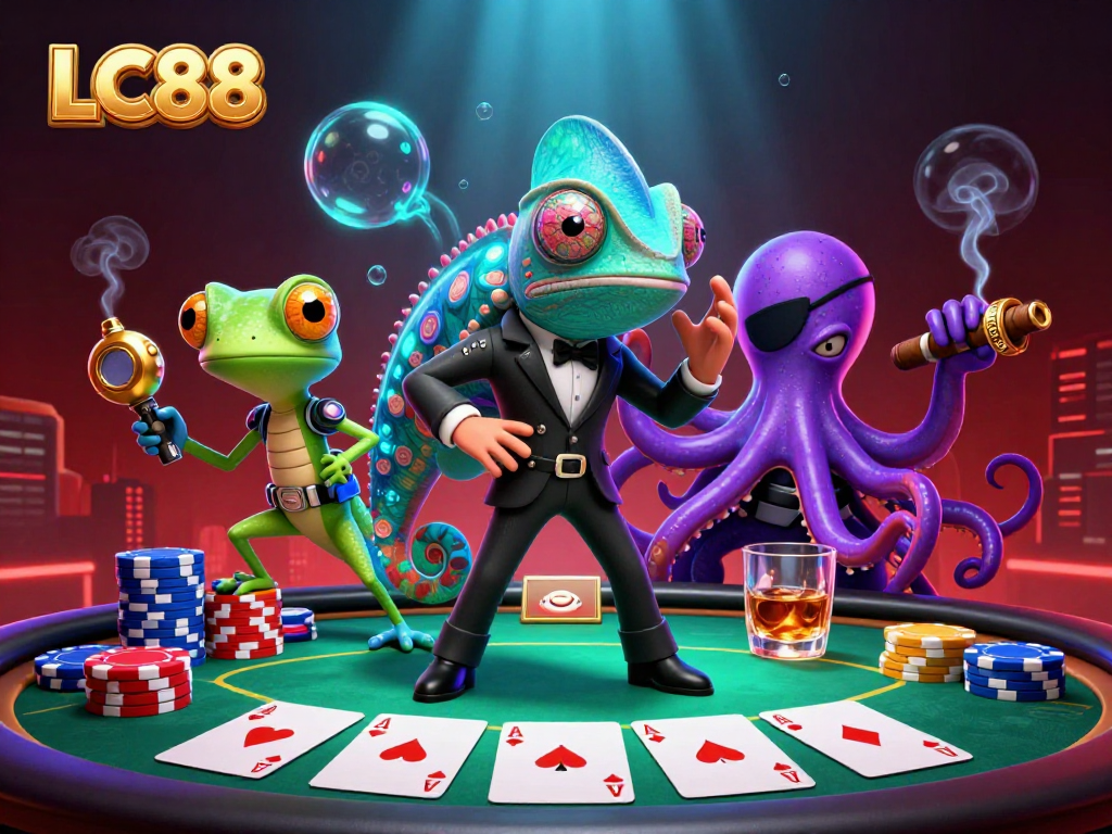 Engage in thrilling play at LC88's vibrant poker scene featuring dynamic characters.