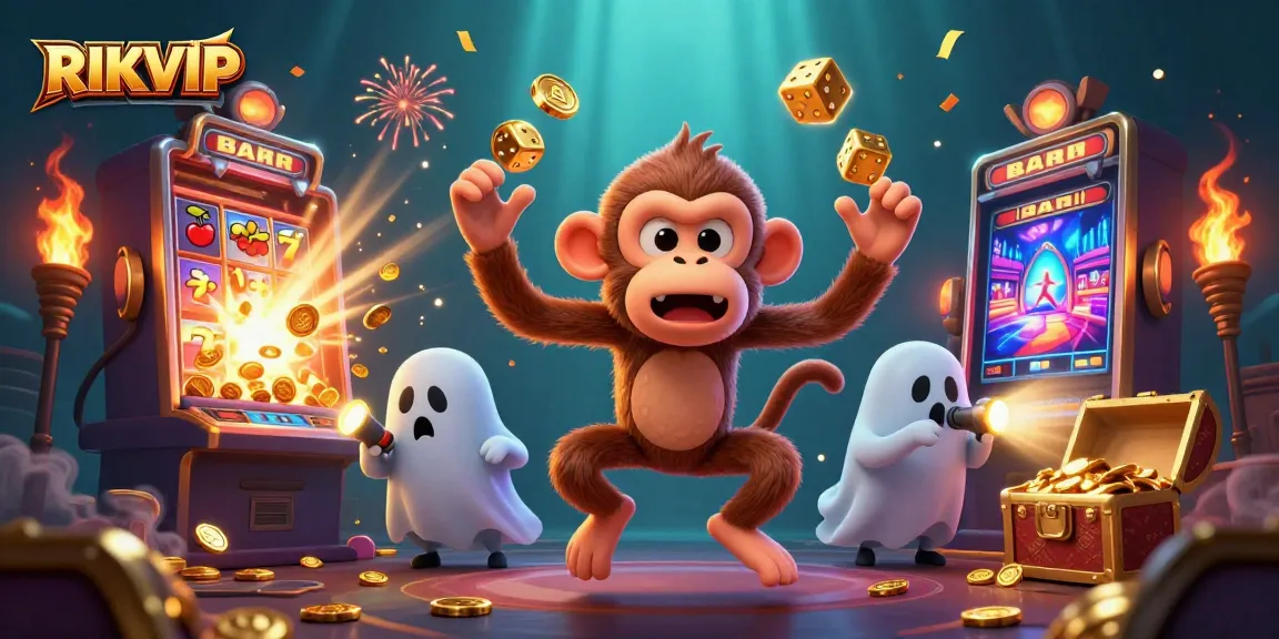 Watch the mischievous poltergeist monkey in RIKVIP juggling coins while a curious puppy seeks its golden treasure.