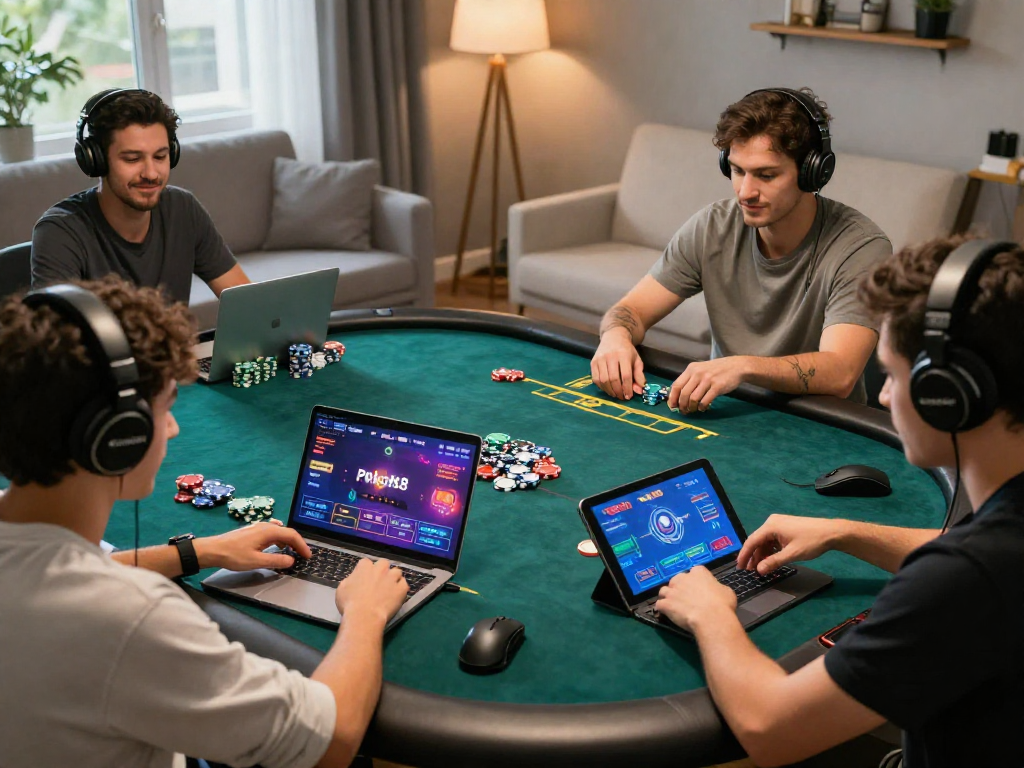 Poker88 online gaming experience with diverse players enjoying poker games in a cozy home setting.