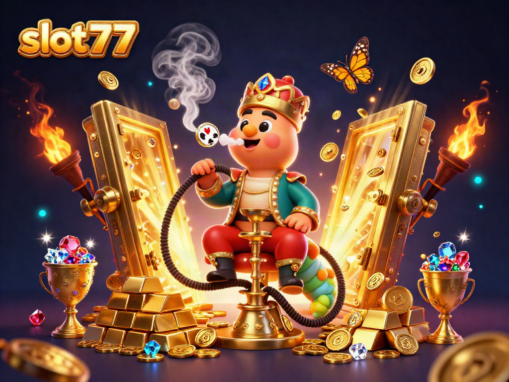 Engage with slot777 by spinning vibrant slot reels surrounded by sparkling treasures and casino elements.