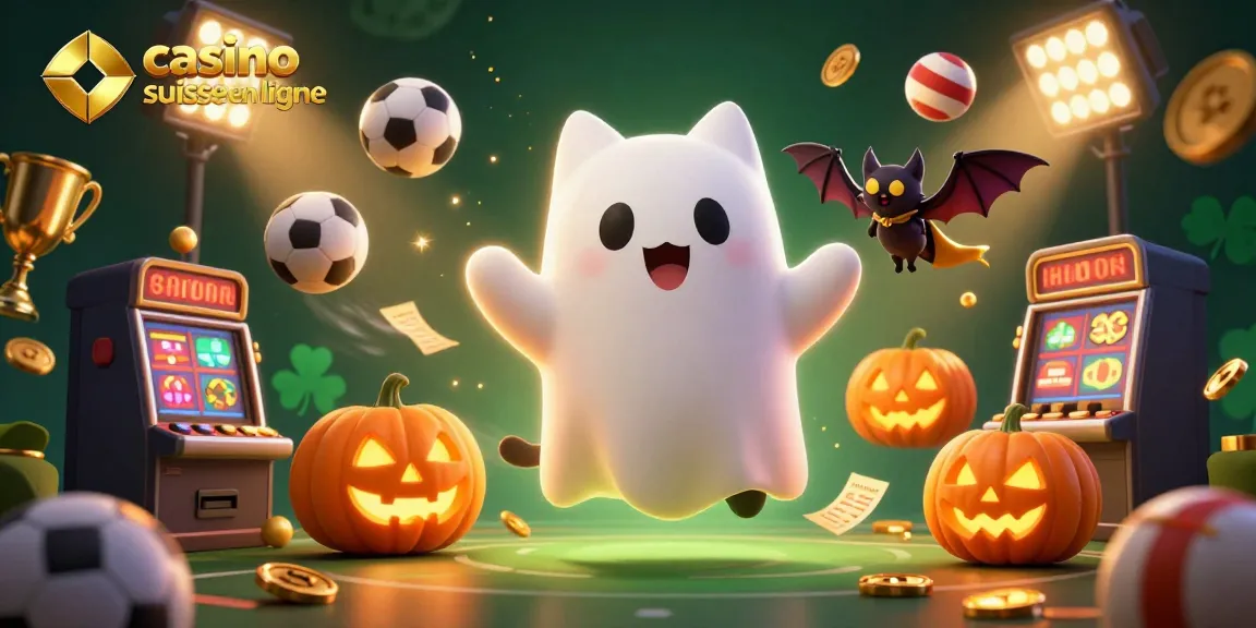 Jouez sur le casino suisse en ligne avec un chat fantôme et des éléments de jeu colorés.